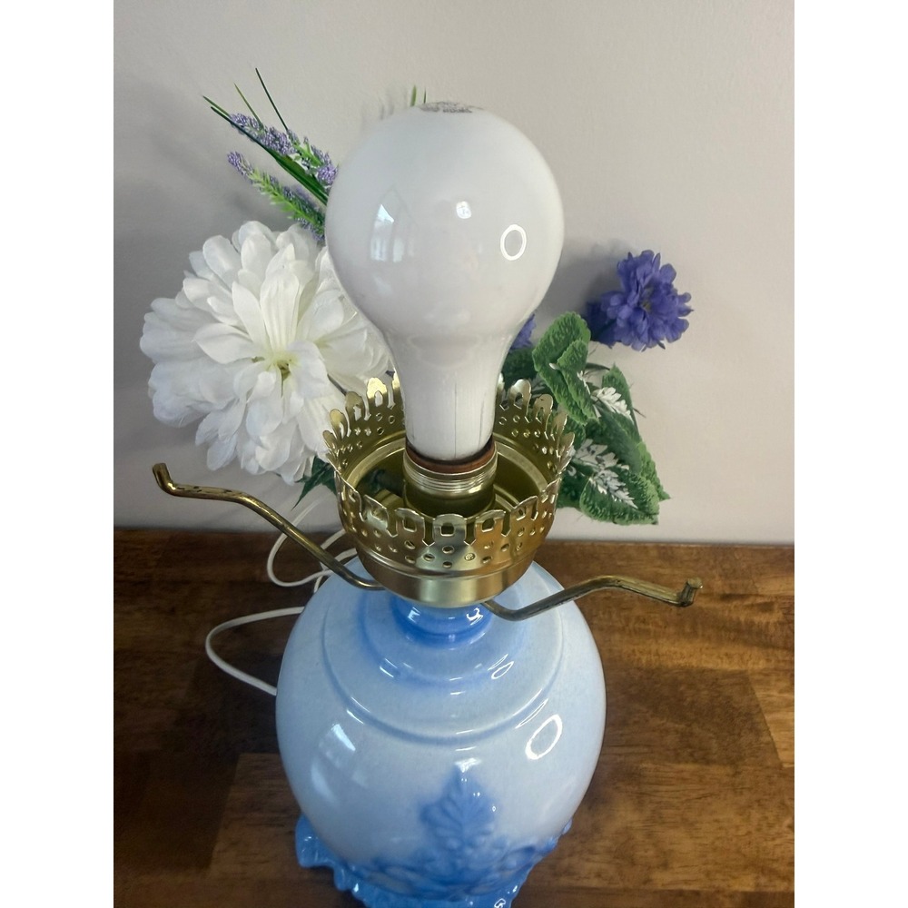 Vintage Blue Milk Glass Table Lamp Hand Painted Floral Hurricane Shade 3 Way - Picture 8 of 15
